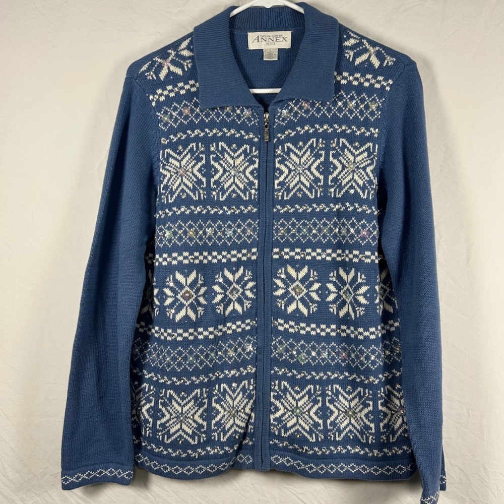 Casual Corner Annex Cardigan Women Large Blue Y2K Fair Isle Zip Snowflake